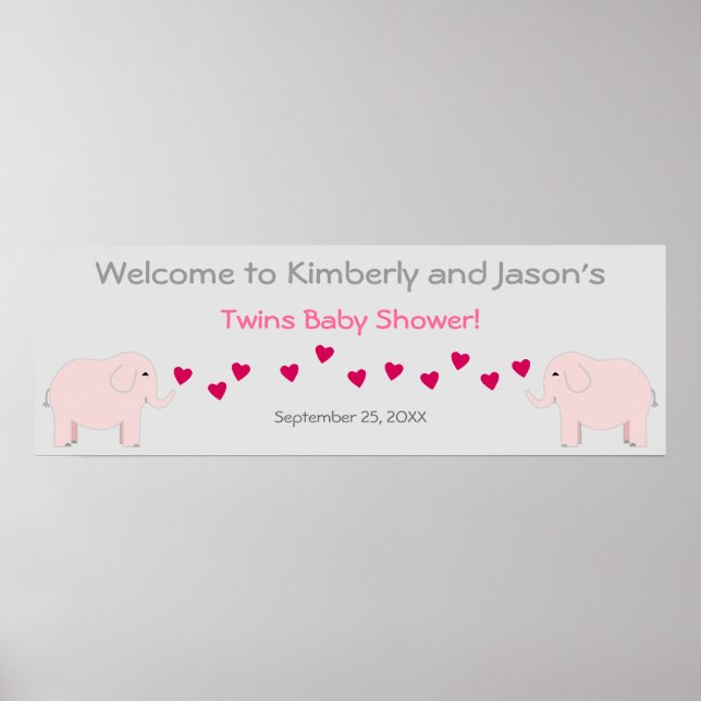 Banderoll för elefant tema Twin Girls Baby Shower Poster (Framsidan)