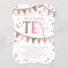 Banderoll för rosa och Guld Glitter 10:e Födelseda Inbjudningar