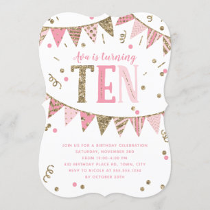 Banderoll för rosa och Guld Glitter 10:e Födelseda Inbjudningar