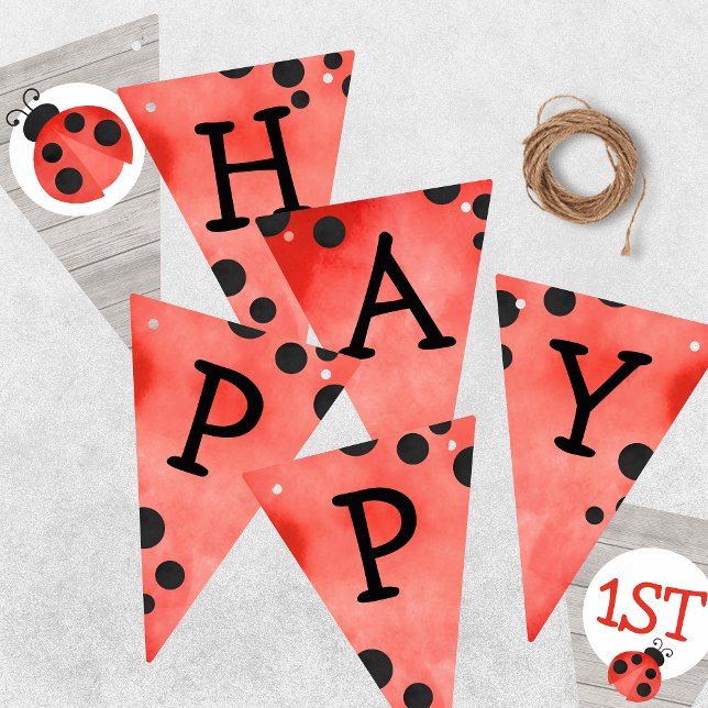 Banderoll för vattenfärg Ladybug Grattis på födels Vimplar (Watercolor Ladybug Happy Birthday Hanging Triangle Pennant Bunting Banner)