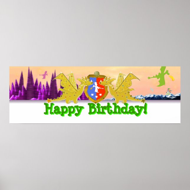 Banderoll grattis på födelsedagen Dragon Party Poster (Framsidan)
