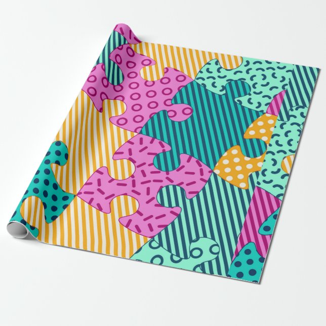 Banderollen med geometriska pussel, Memphis backgr Presentpapper (Utrullad)