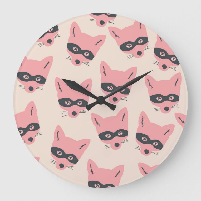 Bandit Fox Head: Rosa Beige Mönster Stor Klocka (Framsida)