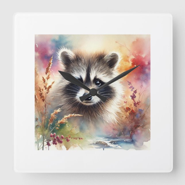Bandit Racoon 080824AREF101 - Watercolor Fyrkantig Klocka (Framsida)