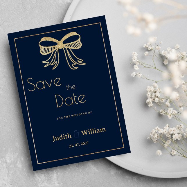 Bandmenyfliksområdet guld (intensivt blått) Spara  Inbjudningar (Navy blue gold glitter bow ribbon Save the Date)