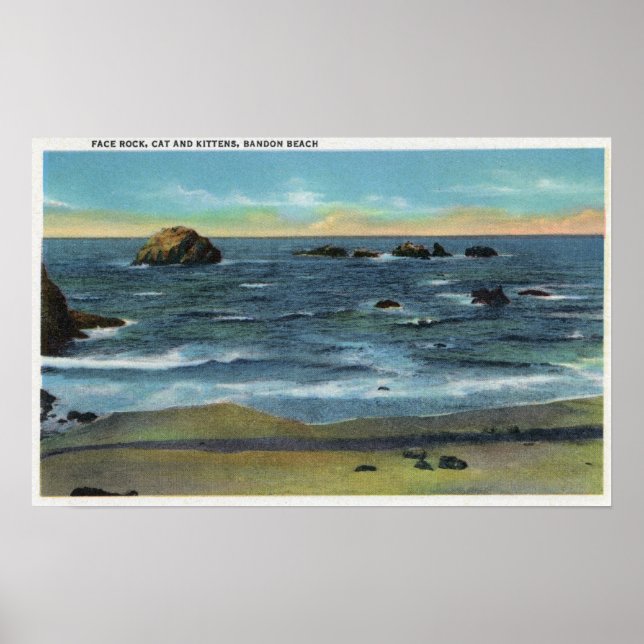 Bandon Beach View of Ansikte Sten, Cat and Kittens Poster (Framsidan)