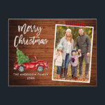 Bandpenselskriptet Lastbil Wood Jul Vykort<br><div class="desc">Modern Push Script Watercolor Vintage Red Lastbil med Julgran God jul Family Photo Postcard - Rustic Land Wood,  Red Play Craft Tape Tape</div>