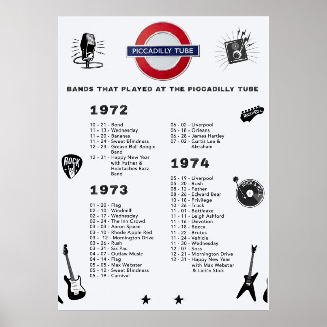 Bands - Piccadilly Tube 1972 1973 1974 Poster (Framsidan)