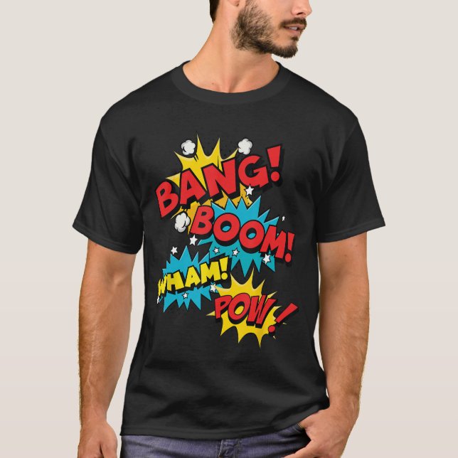 Bang Boom Pow Wham Comic Bubbles T Shirt (Framsida)