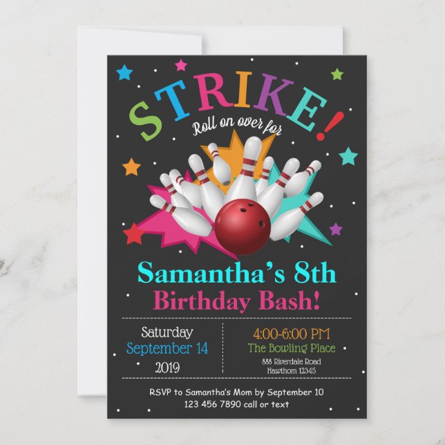 Bang Bowling Kegel Födelsedag Anpassa RSVP Inbjudningar (Framsida)