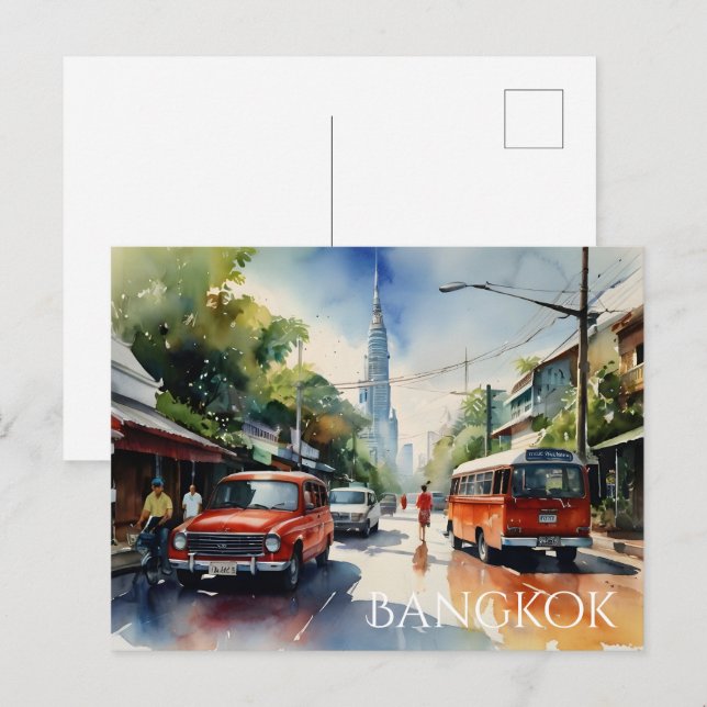 Bangkok akvarellkonst vykort (Fram/baksida)