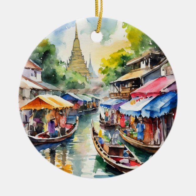 Bangkok Flyter Market Thailand Watercolor Julgransprydnad Keramik (Framsidan)