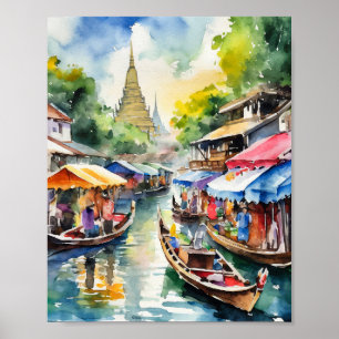 Bangkok Flyter Markets Thailand Vattenfärg Poster