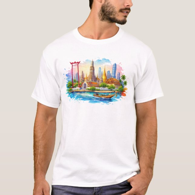 Bangkok landmarks with temples river and city skyl t shirt (Framsida)