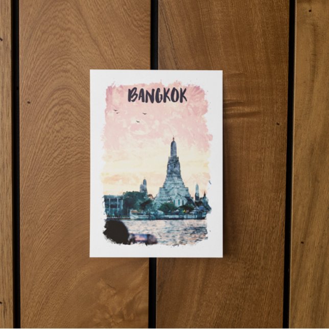 Bangkok Thailand City Sunset Watercolor Vykort (bangkok sunset postcard)