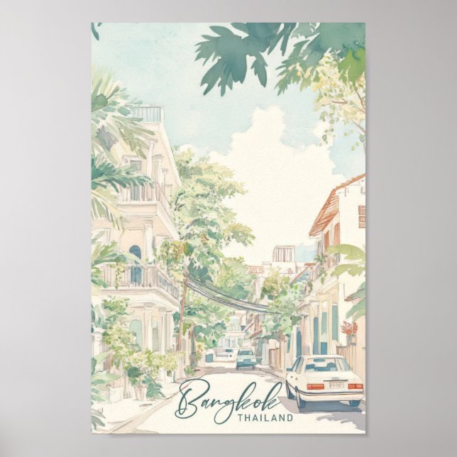 Bangkok Thailand Gouache Paint Illustration Travel Poster (Framsidan)