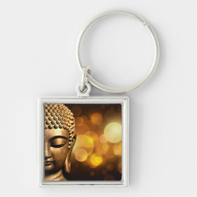 Bangkok, Thailand| Guld Buddha Fyrkantig Silverfärgad Nyckelring (Framsidan)