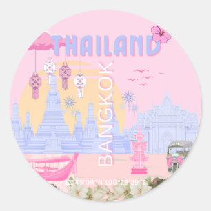 Bangkok Thailand Pastell Rosa Blå Resa Affisch Runt Klistermärke
