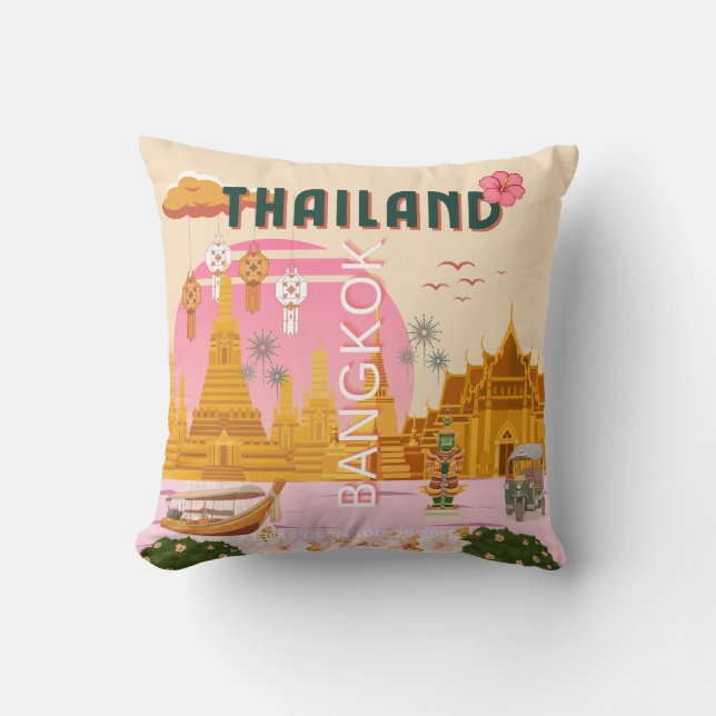 Bangkok Thailand Retro Vintage Resemålningaffisch Kudde (Framsida)