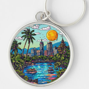🌴 Bangkok Thailand Solnedgång Flod Resa Gåva Rund Silverfärgad Nyckelring