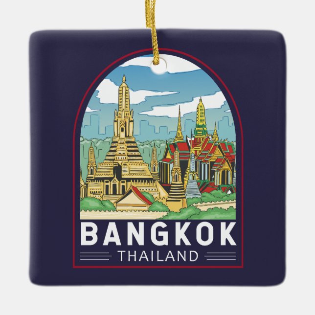 Bangkok Thailand Travel Retro Emblem Julgransprydnad Keramik (Framsida)