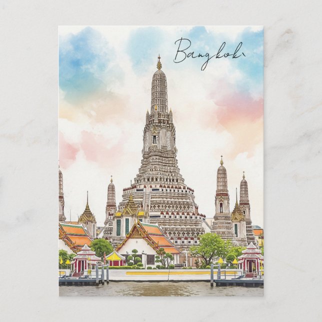 Bangkok Thailand Wat Arun Akvarell  Vykort (Framsida)