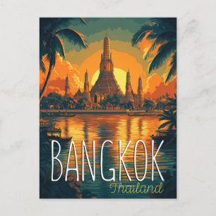 Bangkok, Wat Arun Temple Retro Travel Vykort