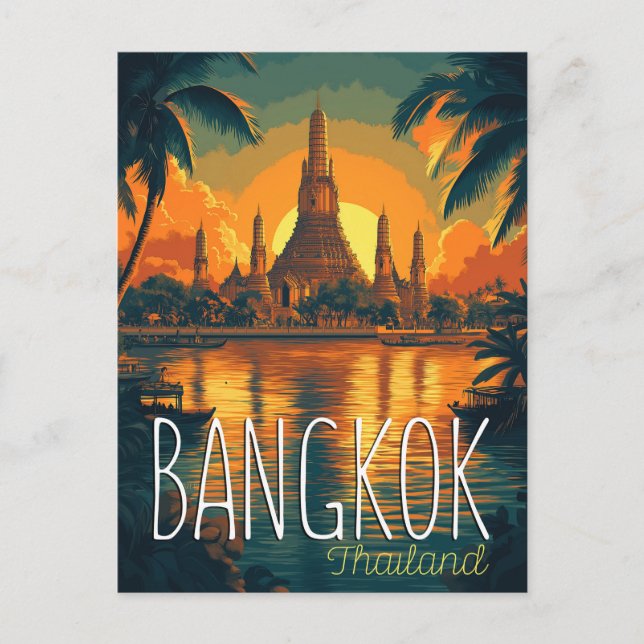 Bangkok, Wat Arun Temple Retro Travel Vykort (Framsida)