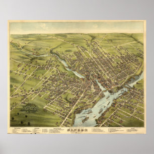 Bangor Maine 1875 Antique Panoramic Karta Poster