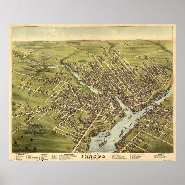 Bangor Maine 1875 Antique Panoramic Karta Poster (Framsidan)