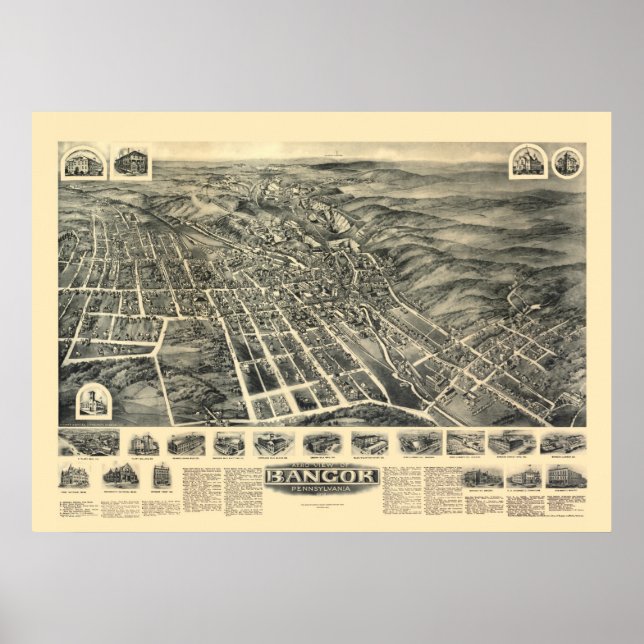Bangor, PA Panoramic Karta - 1918 Poster (Framsidan)