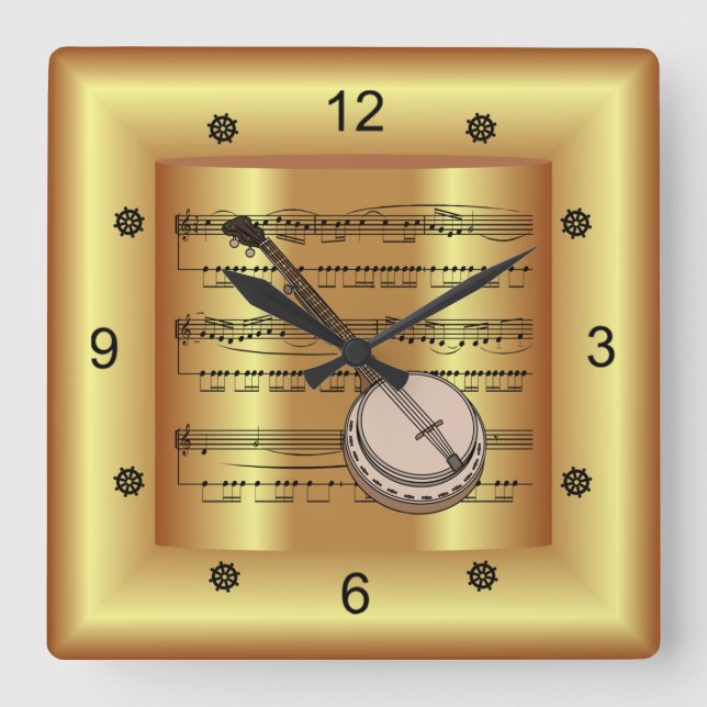 Banjo ~ Curved Lakan Music ~ Guld Background ~ Fyrkantig Klocka (Framsida)