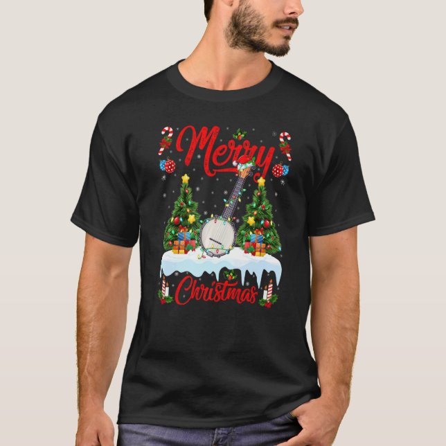 Banjo Music  Lights Xmas Tree Santa Banjo Christma T Shirt (Framsida)