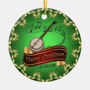 Banjo ~ Musical Rulla ~ God jul ~ * ~ Julgransprydnad Keramik
