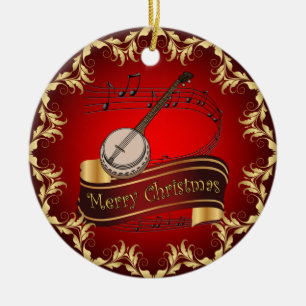 Banjo ~ Musical Rulla ~ God jul ~ * ~ Julgransprydnad Keramik