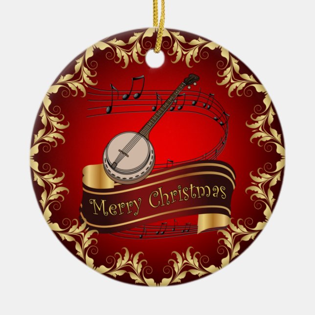 Banjo ~ Musical Rulla ~ God jul ~ * ~ Julgransprydnad Keramik (Framsidan)