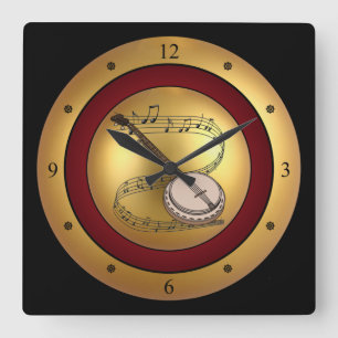 Banjo~Musical Scroll~Gold/Maroon/Black bakgrund Fyrkantig Klocka