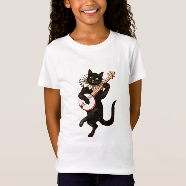 Banjo-spelande svart katt t shirt (Framsida)