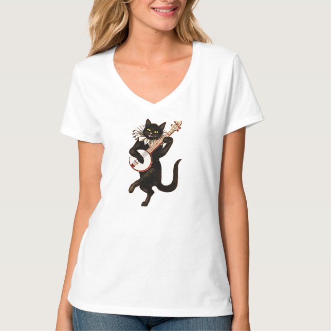 Banjo-spelande svart katt t shirt (Framsida)
