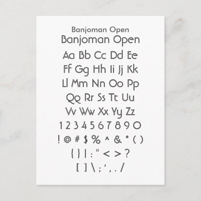 Banjoman Open - Zazzle Font Sampler Lakan Vykort (Framsida)
