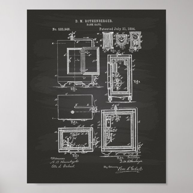Bank Säker 1894 Patent Art Chalkboard Poster (Framsidan)