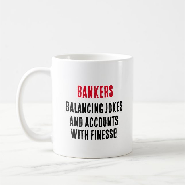 Bankers balanseringsskämt och konton med finesser kaffemugg (Vänster)
