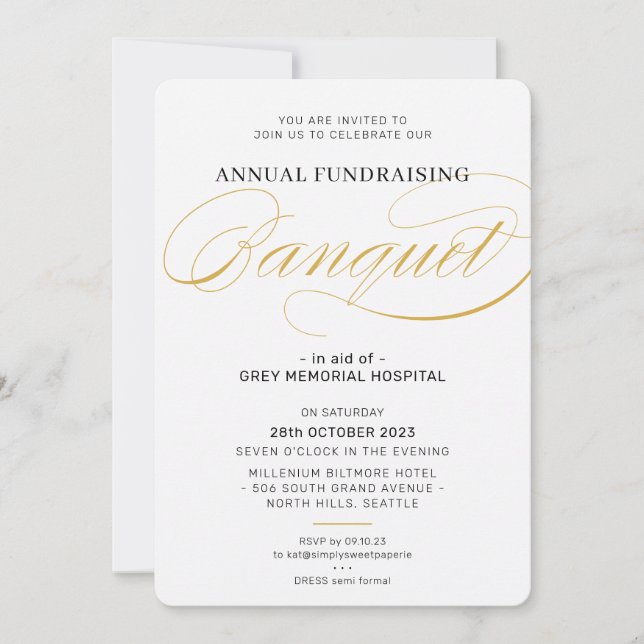 BANKETT modern elegant skript händelse svart vit Inbjudningar (Framsida)