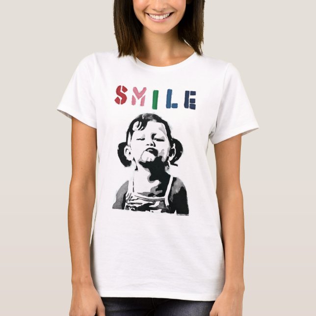 Banksy graffiti Quote SMILE med flicka som inte le T Shirt (Framsida)