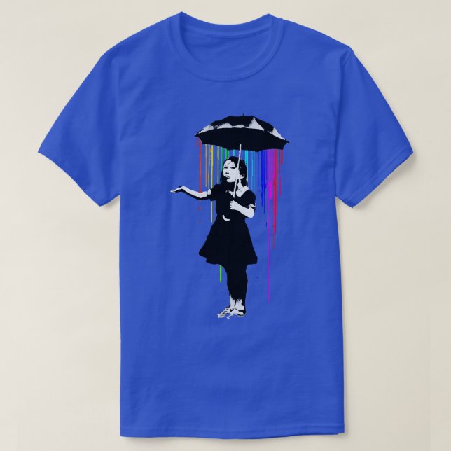 Banksy Rainbow Rain Umbrella Girl T Shirt (Design framsida)