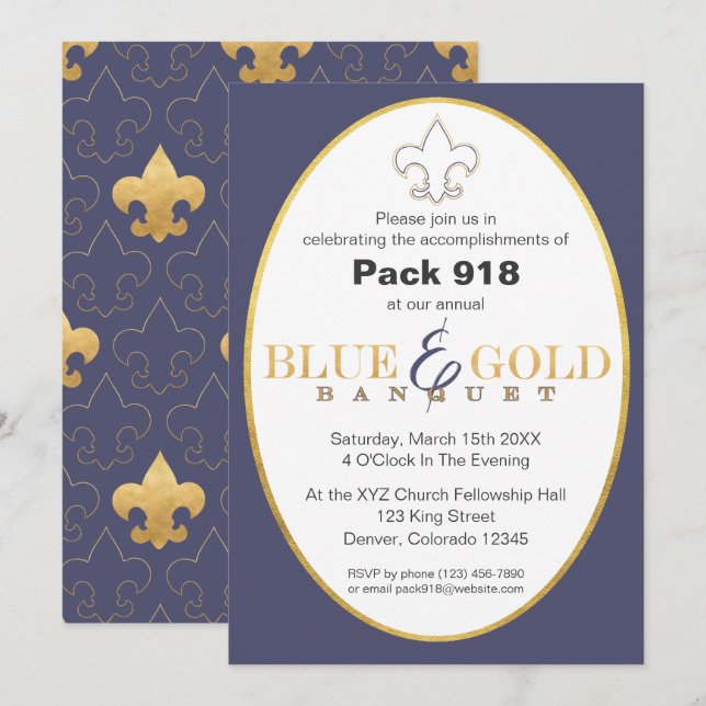 Bankvetinbjudan för Elegant Blue & Guld Inbjudningar (Fram/baksida)