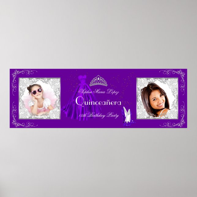 Banner Add Photos Quinceanera Party Lila Silver  Poster (Framsidan)