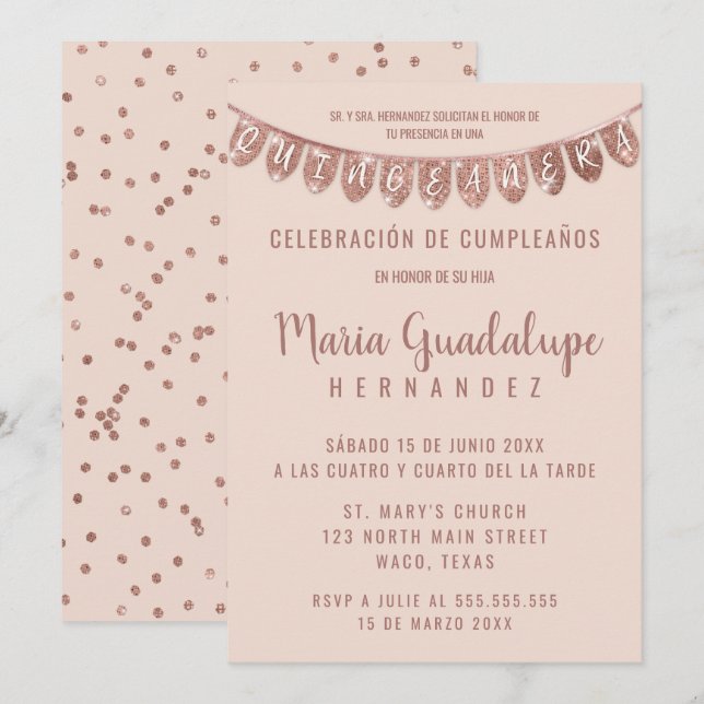 Banner Español Quinceañera rosa ros Glitter Inbjudningar (Fram/baksida)