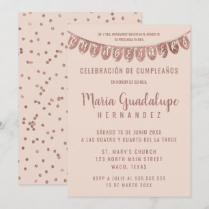 Banner Español Quinceañera rosa ros Glitter Inbjudningar