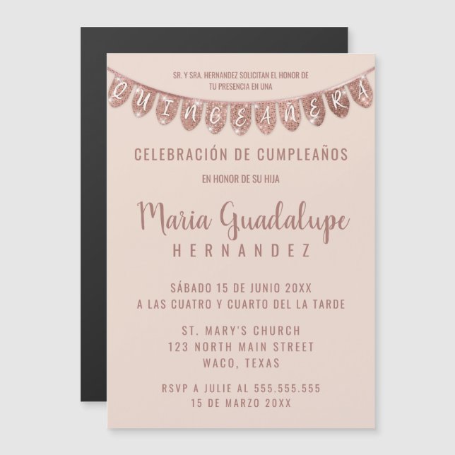 Banner Español Quinceañera rosa ros Glitter Magnetisk Inbjudningskort (Fram/baksida)